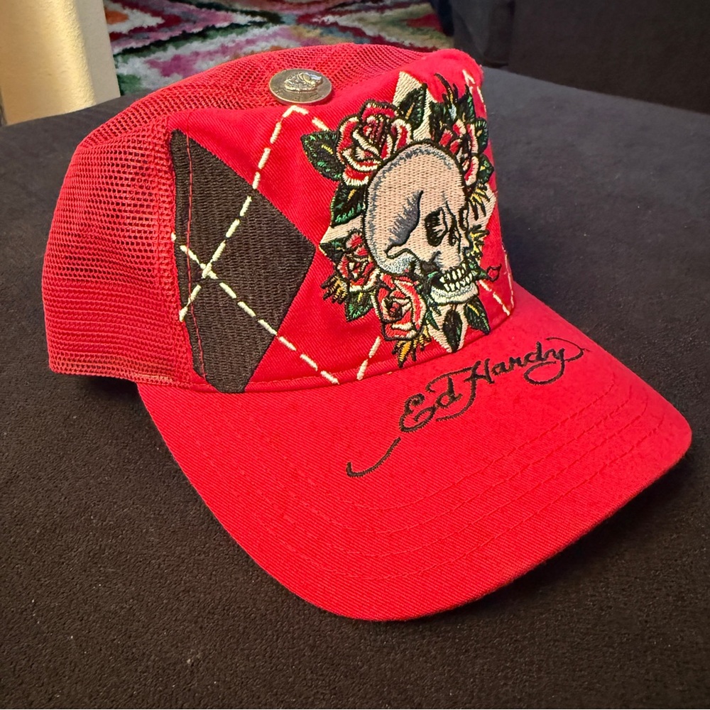 Ed Hardy Red Skull & Rose Embroidered Trucker Hat